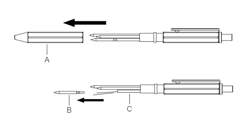 シャープペンシル芯の交換方法の図解