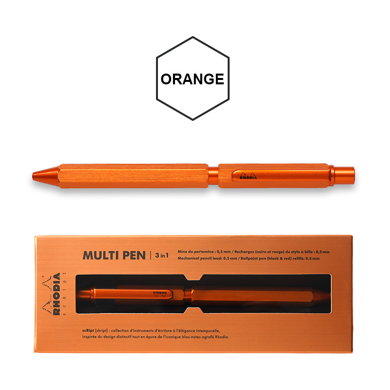 オレンジ色のロディアマルチペン本体とパッケージの画像