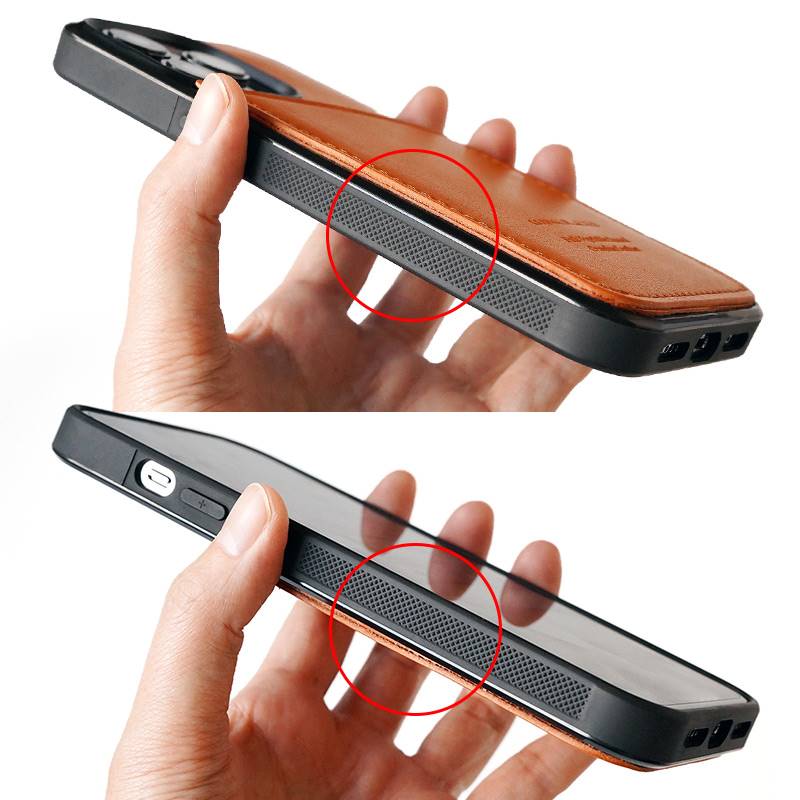栃木レザーiPhone背面カバーは両サイドにグリップ加工済