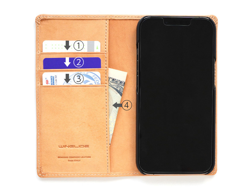 最高級イタリアンレザー『Toscana Volanato』を使用した手帳型iPhoneケースは、便利なカードポケット付き