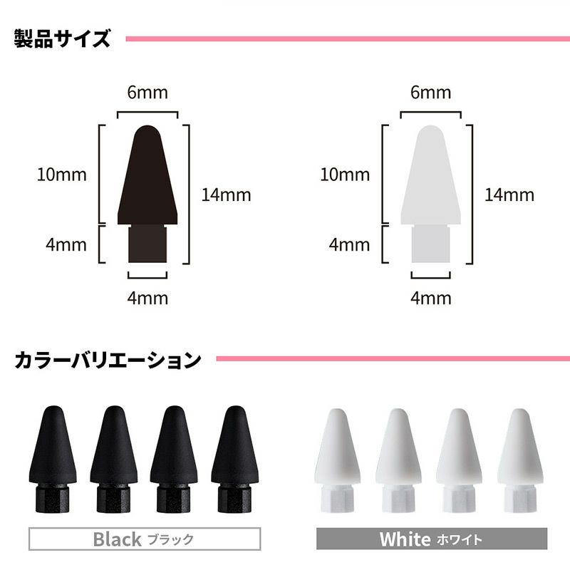 製品サイズは横ｘ縦ｘ厚さが0.6ｘ1.4ｘ0.6cm。カラーバリエーションは白と黒の二色展開