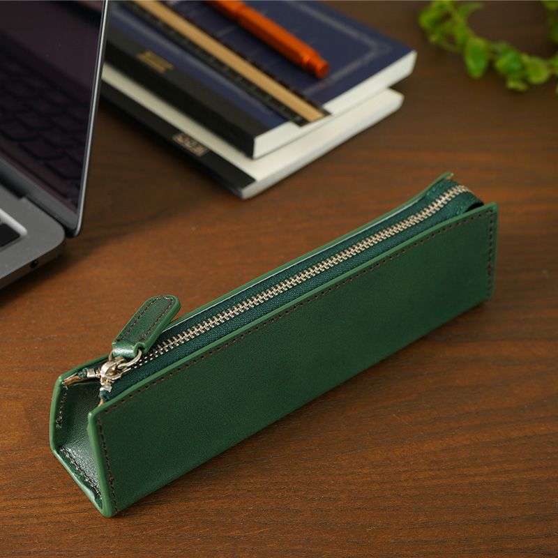 自立する 三角ペンケース 本革 イタリアンレザー グリーン