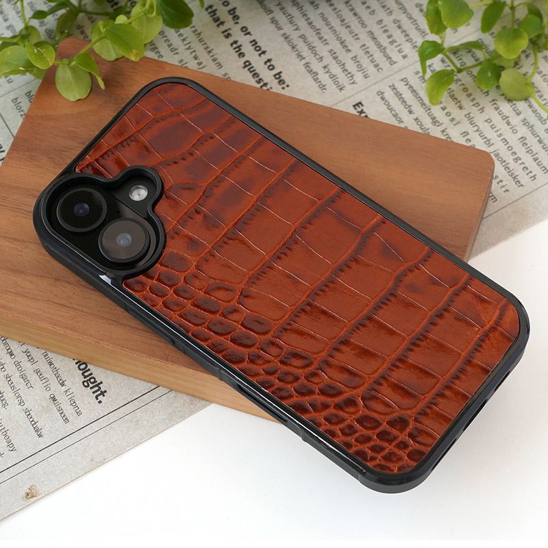 iPhone 17 ケース ブランド 本革 スマホケース レザー 革 背面 カバー イタリアンレザー クロコ 型押し クロコ柄 レッドブラウン 赤茶色