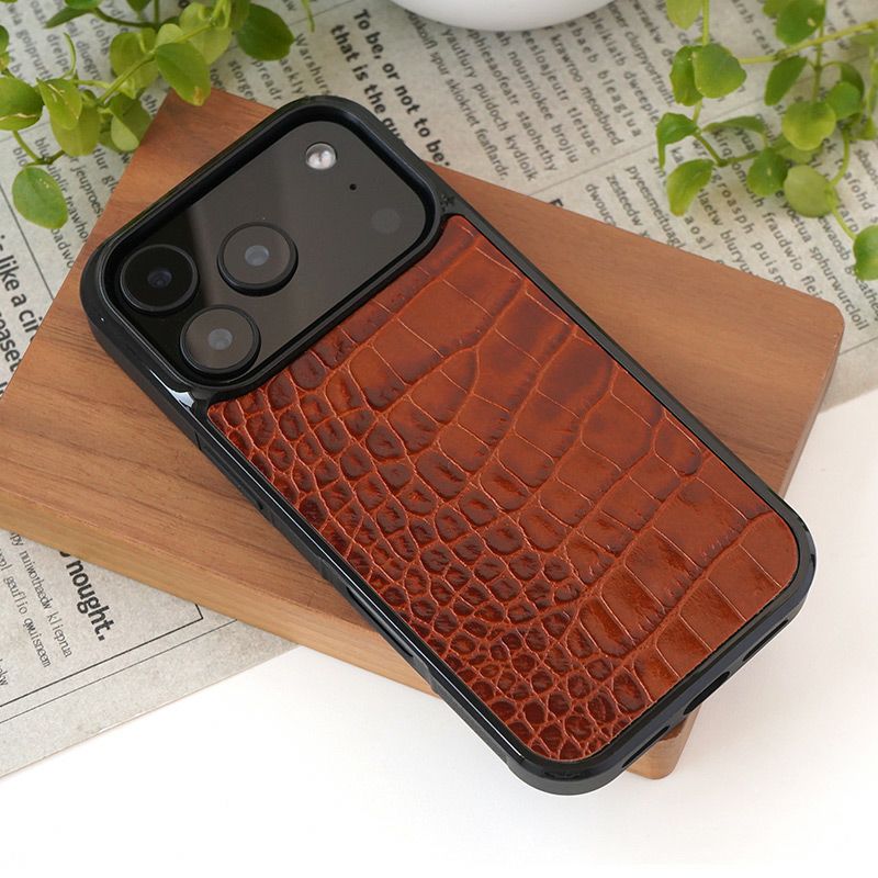iPhone17 Pro ケース ブランド 本革 スマホケース レザー 革 背面 カバー イタリアンレザー クロコ 型押し クロコ柄 レッドブラウン 赤茶色