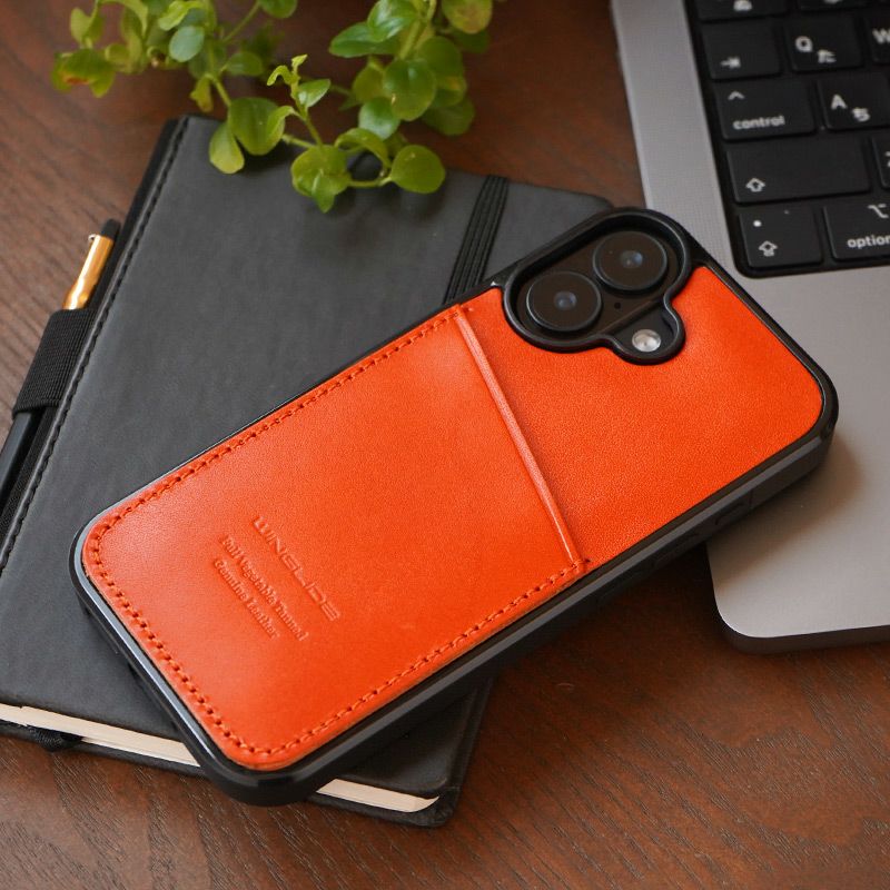 iPhone17 ケース 背面 カード収納 ブランド 本革 スマホケース カード入れ レザー カバー 栃木レザー カードポケット オレンジ 橙