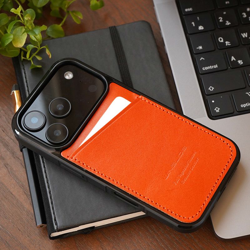 iPhone17Pro ケース 背面 カード収納 ブランド 本革 スマホケース カード入れ レザー カバー 栃木レザー カードポケット オレンジ 橙
