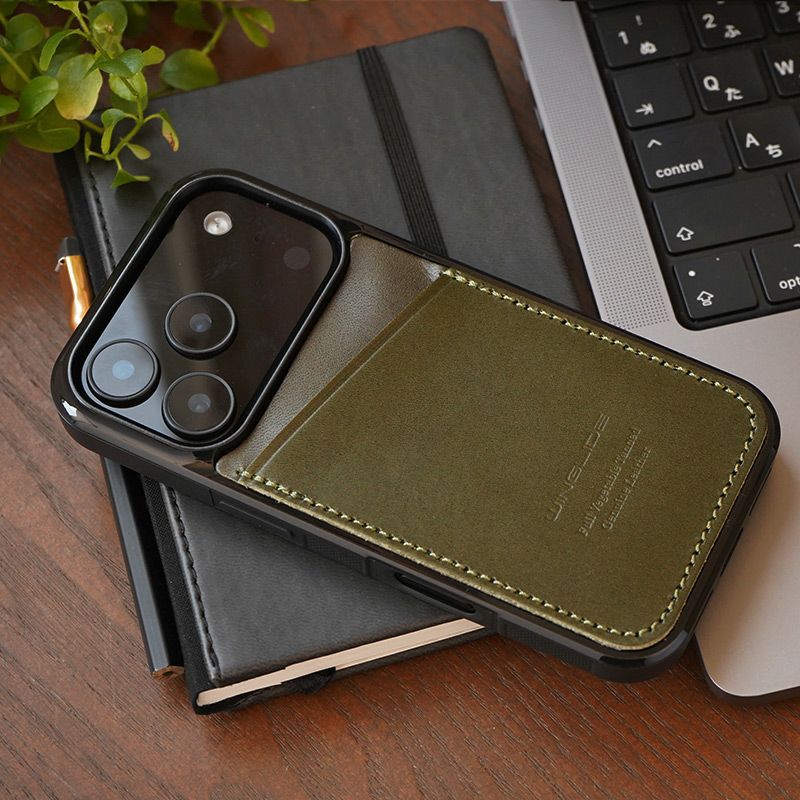 iPhone17Pro ケース 背面 カード収納 ブランド 本革 スマホケース カード入れ レザー カバー 栃木レザー カードポケット グリーン 深緑