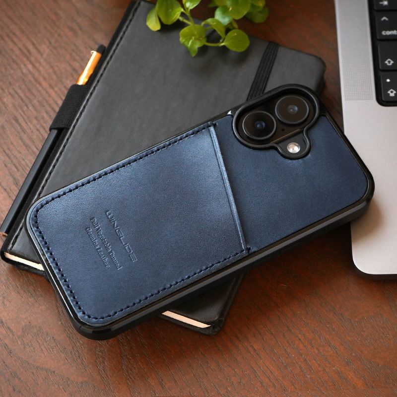 iPhone17 ケース 背面 カード収納 ブランド 本革 スマホケース カード入れ レザー カバー 栃木レザー カードポケット ネイビー 紺色