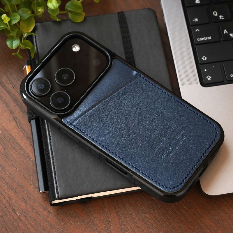 iPhone17Pro ケース 背面 カード収納 ブランド 本革 スマホケース カード入れ レザー カバー 栃木レザー カードポケット ネイビー 紺色