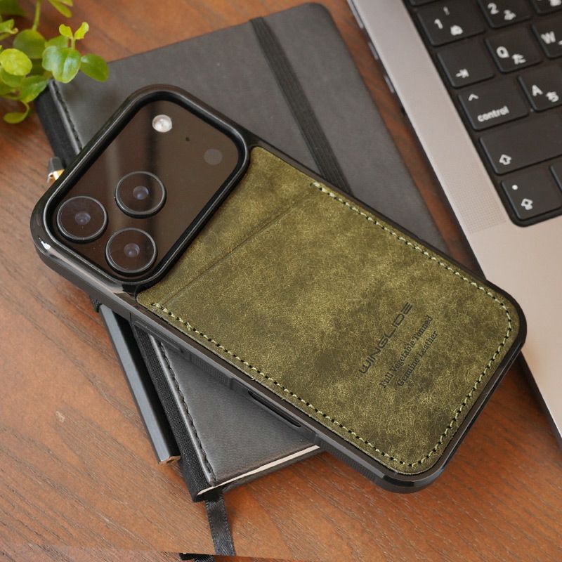 iPhone17Pro ケース 背面 カード収納 ブランド 本革 スマホケース カード入れ レザー カバー プエブロレザー カードポケット オリーバ グリーン 深緑