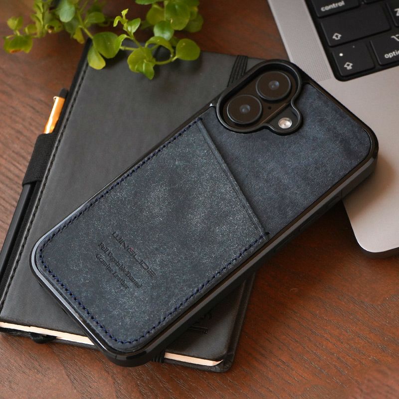 iPhone17 ケース 背面 カード収納 ブランド 本革 スマホケース カード入れ レザー カバー プエブロレザー カードポケット ネイビー 紺色